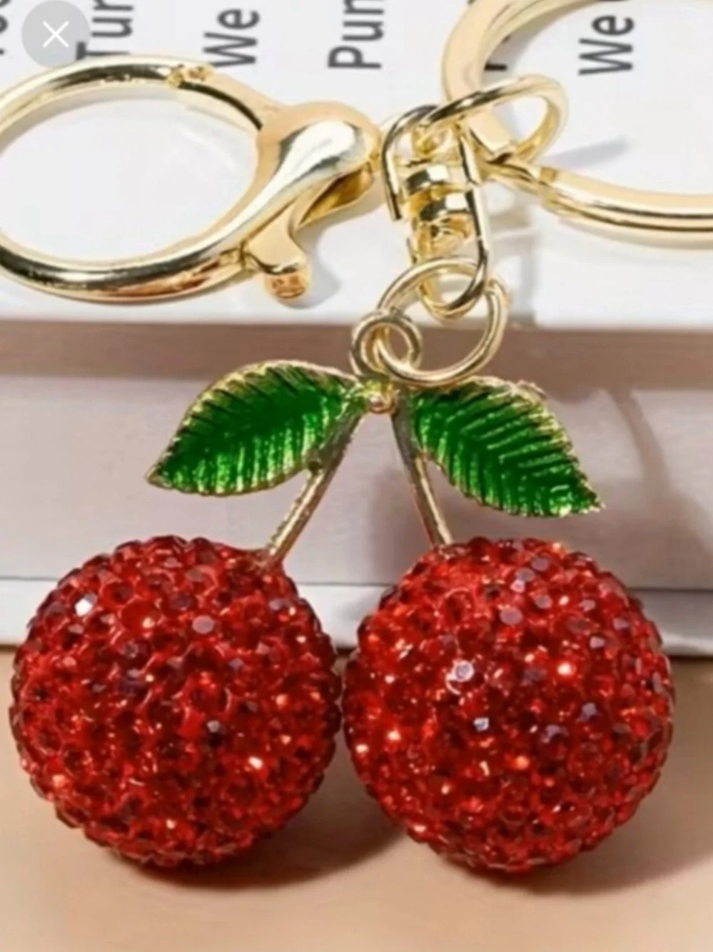 Trending Cherry Keychain Bag Charm Red Green Beaded Crystal Rhinestone NEW